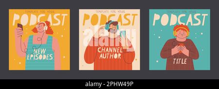 Set di modelli di copertina podcast. Personaggi in grandi cuffie e con smartphone in mano. Illustrazione vettoriale della moda per il design. Illustrazione Vettoriale