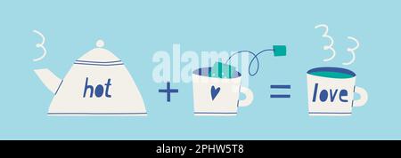 Un bollitore per riscaldare l'acqua più una tazza con una bustina di tè all'interno equivale a una tazza di tè caldo. Illustrazione carina per gli amanti del tè. Illustrazione Vettoriale