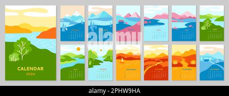 Calendario 2023 con orientamento orizzontale impostato. Astratto minimalista paesaggio natura quattro stagioni primavera, autunno, estate, inverno modello di raccolta tipografica. Pagina mensile trendy del pianificatore di calendario e vettore di copertina Illustrazione Vettoriale