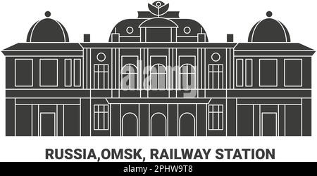 Russia, Omsk, Stazione ferroviaria, viaggio punto di riferimento vettoriale illustrazione Illustrazione Vettoriale