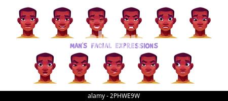 Espressioni facciali dell'uomo afroamericano isolate su sfondo bianco. Illustrazione vettoriale dei cartoni animati di felice, sorridente, triste, sorpreso, spaventato, arrabbiato, su Illustrazione Vettoriale