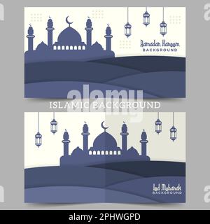 Ramadan Kareem fondo vettore collezione con moschea. Happy eid Mubarak biglietto di auguri per i social media modello, Poster, banner media, sfondo bu Illustrazione Vettoriale