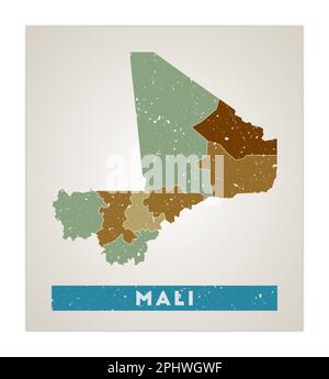 Mappa del Mali. Poster del paese con le regioni. Vecchia trama grunge. Forma del Mali con nome del paese. Eccellente illustrazione vettoriale. Illustrazione Vettoriale
