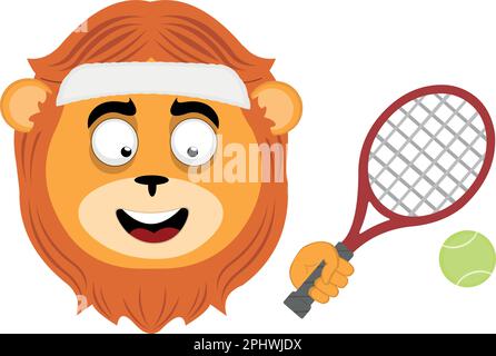 Immagine vettoriale viso di Leon Cartoon Happy, con archetto, racchetta e palla da tennis Illustrazione Vettoriale