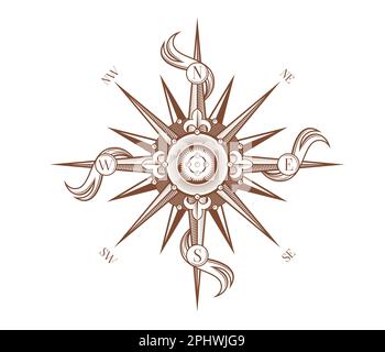 Bussola rosa vintage con nastri antichi medievali icona isolata. Elemento di cartografia vettoriale disegnato a mano, stella di rosa nautico per orientamento A. Illustrazione Vettoriale
