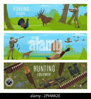 Attrezzatura sportiva da caccia e animali. Personaggi cacciatori vettoriali con uccelli d'anatra alla caccia di cani e cannoni, alci e gallo, alberi forestali, prati e paludi Illustrazione Vettoriale