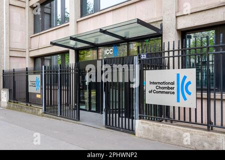 Vista esterna dell'ingresso alla Camera Internazionale di Commercio (ICC), un'organizzazione che rappresenta migliaia di aziende in 130 paesi Foto Stock