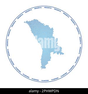 Logo rotondo Moldavia. Forma in stile digitale della Moldavia in un cerchio punteggiato con il nome del paese. Icona tecnologica del paese con punti graduati. Illustrazione Vettoriale