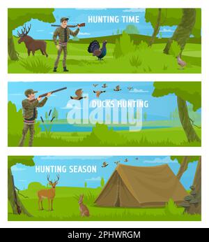 Caccia di animali e sport, cacciatori di anatre e cervi, fucili e pistole. Tenda campo di caccia vettoriale a prato verde foresta, cacciatori di cartoni animati con arma, anatre, Illustrazione Vettoriale