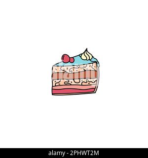 Dolce pezzetto doodle. Vettore colorato mano disegnato cibo. Dolce di compleanno per bambini. Illustrazione del contorno di incisione Illustrazione Vettoriale