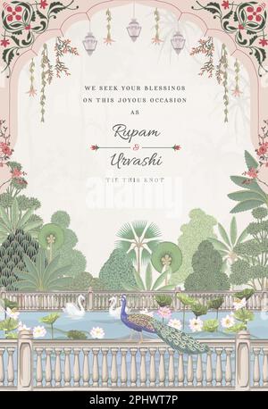 Tradizionale design di carte da matrimonio Indian Mughal. Scheda di invito per la stampa di illustrazioni vettoriali. Illustrazione Vettoriale