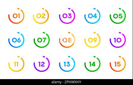 Icone puntate numerate da 1 a 15, pulsanti del cerchio vettoriale per infografica o elenco informazioni. Numerare i punti elenco per l'indicatore della pagina di presentazione in colo rotondo Illustrazione Vettoriale
