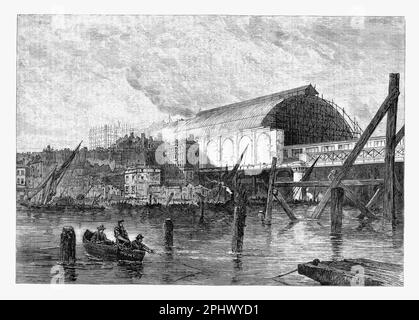 Una vista nel 1865 della Stazione ferroviaria di Charing Cross dal Tamigi a Blackfriars, Londra, Inghilterra per le Ferrovie di Londra, Chatham e dover. Foto Stock