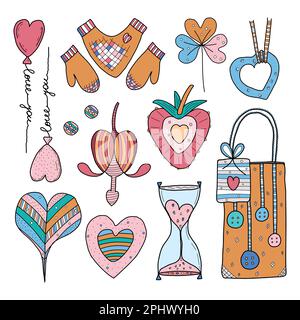 Gli elementi del doodle dell'amore. Un carino set di icone disegnate a mano. Illustrazione vettoriale. Design per stampe, cartoline Illustrazione Vettoriale
