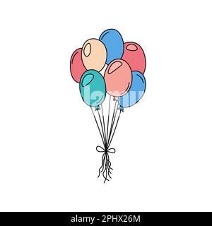 Palloncini colorati scarabei carini. Elemento festa di compleanno. Palloncino mazzo isolato su sfondo bianco. Illustrazione del contorno vettoriale disegnato a mano Illustrazione Vettoriale