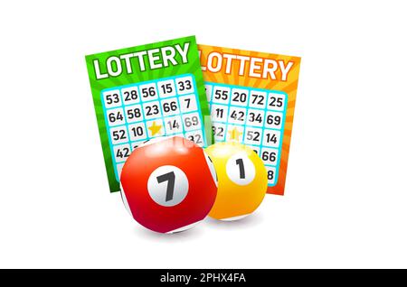 Lotteria e palle di Bingo. 3D biglietti per il gioco del lotto per controllare la disponibilità dei numeri vincenti. Fortuna, vincere denaro o premio in keno, giocare ca Illustrazione Vettoriale