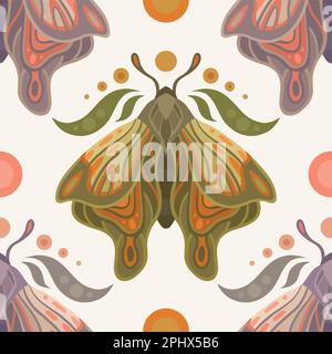 Modello vettoriale mistico senza cuciture con falene, foglie e lune su sfondo bianco. Texture delicata e colorata con farfalle. Fondo piatto sacro Illustrazione Vettoriale