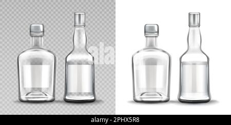 Set di bottiglie in vetro di varie forme. Vodka, rum, bevande alcoliche whiskey matracci vuoti modello di design, mockup fotorealistico isolato su sfondo trasparente e bianco. Rappresentazione realistica del vettore 3D, Illustrazione Vettoriale