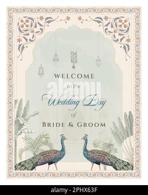 Tradizionale Indian Mughal Wedding Welcome Board e Mughal Wedding Card Design. Wedding welcome board per la stampa di illustrazioni vettoriali. Illustrazione Vettoriale