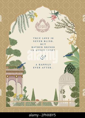 Tradizionale design di carte da matrimonio Indian Mughal. Scheda di invito per la stampa di illustrazioni vettoriali. Illustrazione Vettoriale