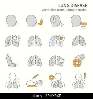 icone delle malattie polmonari, come nebulizzatore, broncoscopia, bronchite, spirometria e altro ancora. Illustrazione vettoriale isolata su bianco. Tratto modificabile. Illustrazione Vettoriale