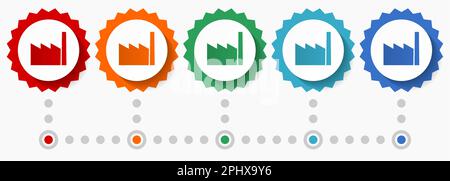 Set di icone vettoriali in fabbrica, modello infografico a colori, set di icone con badge dal design piatto in 5 opzioni di colore Illustrazione Vettoriale