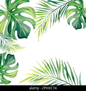 Foglie di Monstera, ramo di palma, foglie di banana. Illustrazione acquerello. Piante tropicali. Natura tropicale Foto Stock