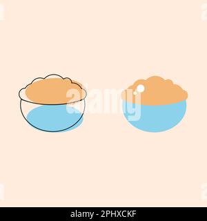 Farina d'avena linea porridge icona logo, vettore illustrazione, farina d'avena in blu ciotola contorno segno lineare isolato su sfondo giallo Illustrazione Vettoriale