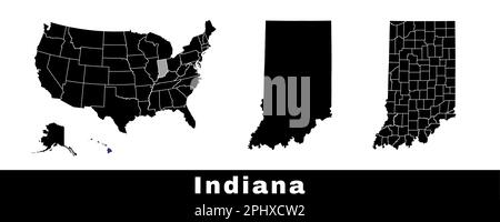 Mappa dello stato dell'Indiana, Stati Uniti. Serie di mappe dell'Indiana con contorno, contee e mappa degli stati degli Stati Uniti. Illustrazione vettoriale in bianco e nero. Illustrazione Vettoriale