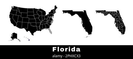 Mappa dello stato della Florida, Stati Uniti. Serie di mappe della Florida con contorno, contee e mappa degli stati degli Stati Uniti. Illustrazione vettoriale in bianco e nero. Illustrazione Vettoriale