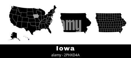 Mappa dello stato dell'Iowa, Stati Uniti. Serie di mappe dell'Iowa con contorno, contee e mappa degli stati degli Stati Uniti. Illustrazione vettoriale in bianco e nero. Illustrazione Vettoriale