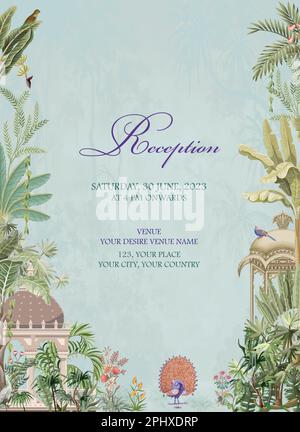 Mughal Wedding ricevimento invito design card. Biglietto d'invito per l'illustrazione vettoriale di ricevimento o di stampa di nozze. Illustrazione Vettoriale