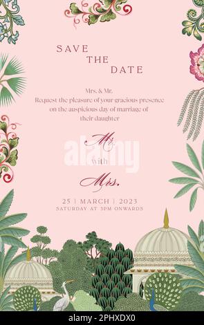 Mughal Wedding Card Design per invito. Biglietto d'invito con alberi tropicali, pavone, arco Mughal, fiori colorati e sfondo rosa per la stampa Illustrazione Vettoriale