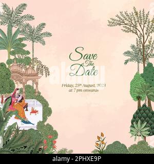 Mughal Wedding Invitation Card forma quadrata. Scheda di invito per varie funzioni di matrimonio illustrazione vettoriale. Illustrazione Vettoriale