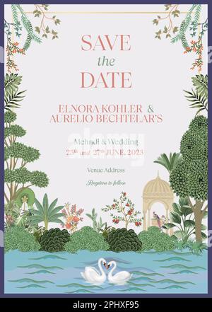 Tradizionale indiano Mughal matrimonio invito scheda design. Salvare la scheda di invito della data per la stampa di illustrazioni vettoriali. Illustrazione Vettoriale