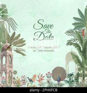 Vintage Wedding Invitation Card Design. Cartolina nuziale Mughal per la stampa di illustrazioni vettoriali. Illustrazione Vettoriale