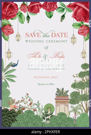 Tradizionale indiano Mughal matrimonio invito scheda design. Salvare la scheda di invito della data per la stampa di illustrazioni vettoriali. Illustrazione Vettoriale