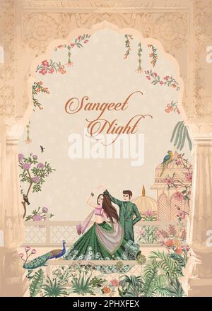 Mughal Wedding Invitation Card. Scheda di invito notte Sangeet per la stampa di illustrazioni vettoriali. Illustrazione Vettoriale