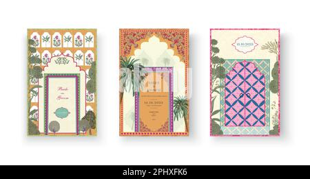 Set di Mughal Wedding Card Design. Set di biglietti d'invito per la stampa di illustrazioni vettoriali. Illustrazione Vettoriale