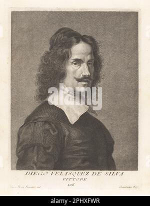 Diego Rodríguez de Silva y Velázquez, pittore spagnolo, artista leader nella corte del re Filippo IV di Spagna e Portogallo, e dell'età dell'oro spagnola, 1599-1660. Diego Velasquez de Silva, Pittore. Incisione in copperplate di Girolamo Rossi dopo Giovanni Domenico Ferretti dopo un autoritratto dell'artista del Museo Florentino di Francesco Moucke, Serie di Ritratti de Pittori (Serie di ritratti di pittori) stamperia Mouckiana, Firenze, 1752-62. Foto Stock