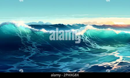 Illustrazione vettoriale di un'onda di mare con colori blu e turchese Foto Stock