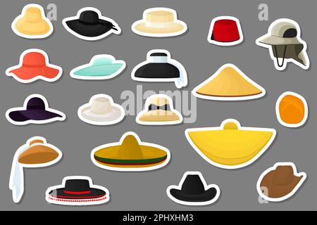 Illustrazione su tema grande kit diversi tipi di cappelli, belle cappellini su sfondo bianco, modello di cappellini che consiste della collezione vari cappelli da indossare Illustrazione Vettoriale