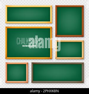 Tavole di legno varie realistiche in una cornice di legno. Menu del ristorante Green Board. Lavagna scuola, superficie di scrittura per testo o disegno. Vuoto Illustrazione Vettoriale