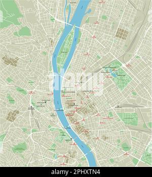 Mappa vettoriale della città di Budapest con strati separati ben organizzati. Illustrazione Vettoriale