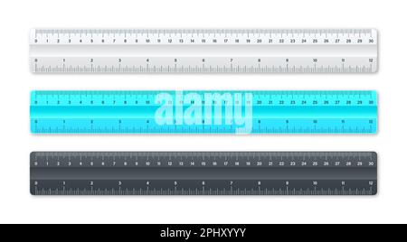 Vari righelli in plastica realistici con scala di misurazione e divisioni, contrassegni di misurazione. Righello scolastico, scala in centimetri e pollici per la misurazione della lunghezza Illustrazione Vettoriale