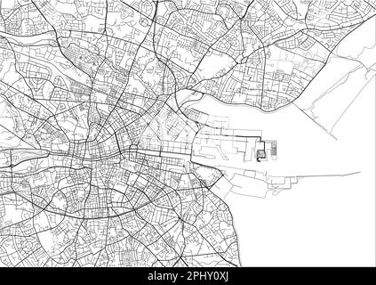 Mappa vettoriale in bianco e nero della città di Dublino con strati separati ben organizzati. Illustrazione Vettoriale