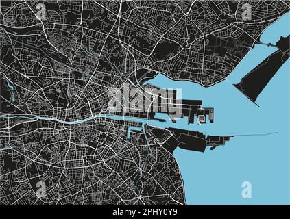 Mappa vettoriale in bianco e nero della città di Dublino con strati separati ben organizzati. Illustrazione Vettoriale