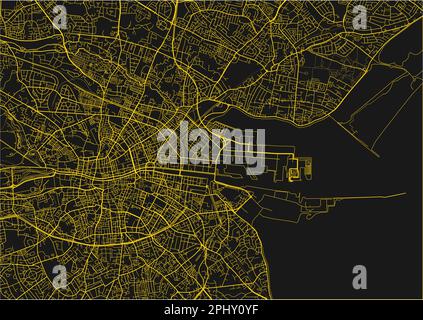 Mappa vettoriale nera e gialla della città di Dublino con strati separati ben organizzati. Illustrazione Vettoriale