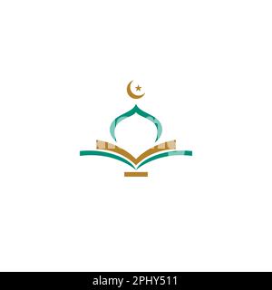 Moschea islamica moderna e logo Quran su sfondo bianco isolato Illustrazione Vettoriale