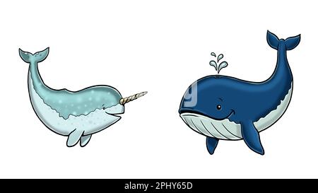 Simpatico narrativo e illustrazione di balena. Modello isolato con animali divertenti e felici. Pagina da colorare per bambini. Foto Stock